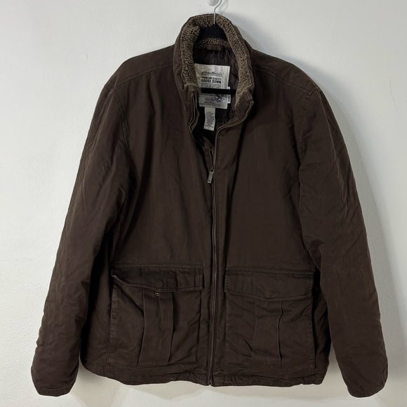 Eddie Bauer Goose Down Chore Barn Jacket Mens L Brown Canvas Shearling Collar - Picture 1 of 13